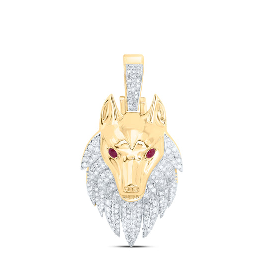 10K Yellow Gold 7/8Cttw Natural Diamond 1/5Cttw Round Ruby  Wolf Mens Charm