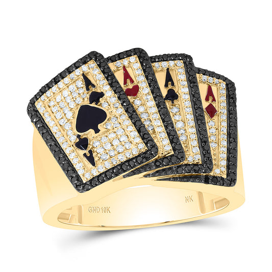 10K Yellow Gold 3/4Cttw Natural Diamond Nk Round Black Diamond Ace Card Mens Ring