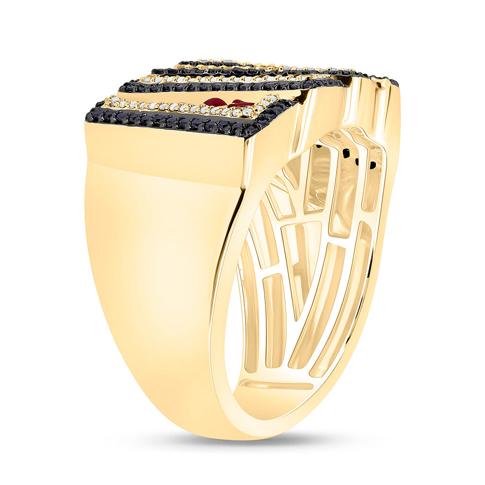 10K Yellow Gold 3/4Cttw Natural Diamond Nk Round Black Diamond Ace Card Mens Ring