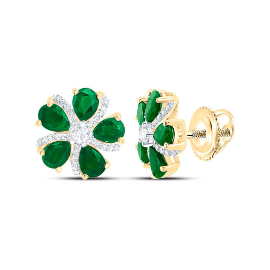 14K Yellow Gold 1/6 Cttw Natural Diamond Ana M 1 1/3 Cttw Pear Shape Emerald, Natural Gem Flower Earring