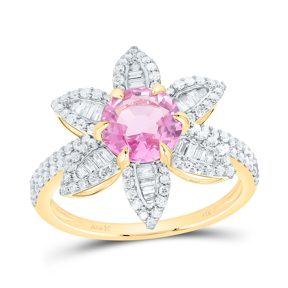 14K Yellow Gold 5/8 Cttw Natural Diamond Ana M 7Mm Round Pink Sapphire Natural Gem Flower Bridal Anniversary Wedding Engagement Band Ring