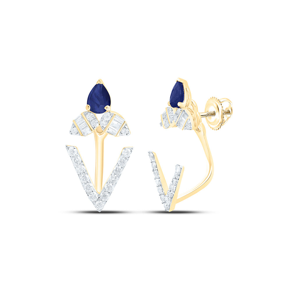 14K Yellow Gold 1/3Cttw Natural Diamond Ana M 1/3Ctw-Pear Blue Sapphire Natural Gem Earring