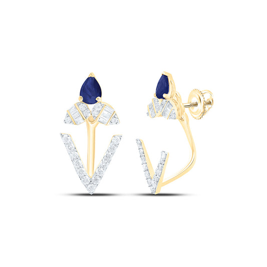 14K Yellow Gold 1/3Cttw Natural Diamond Ana M 1/3Ctw-Pear Blue Sapphire Natural Gem Earring