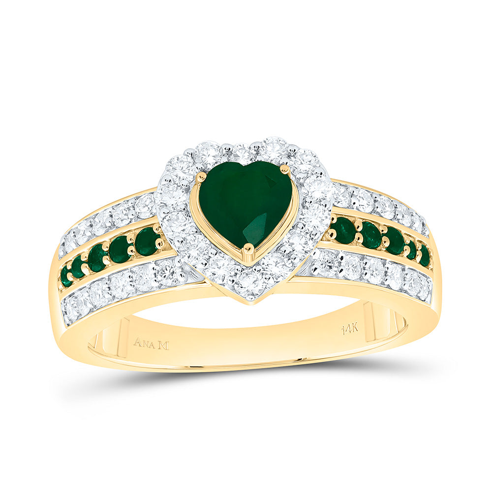 14K Yellow Gold 1/2 Cttw Natural Diamond Ana M 1/10 Cttw Round Emerald, 5Mm Heart Emerald Natural Gem Heart Bridal Anniversary Wedding Engagement Band Ring