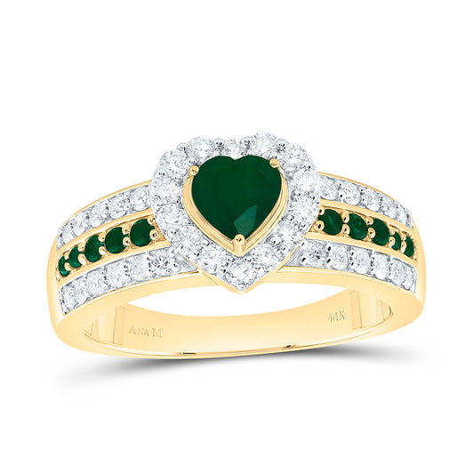 14K Yellow Gold 1/2 Cttw Natural Diamond Ana M 1/10 Cttw Round Emerald, 5Mm Heart Emerald Natural Gem Heart Bridal Anniversary Wedding Engagement Band Ring