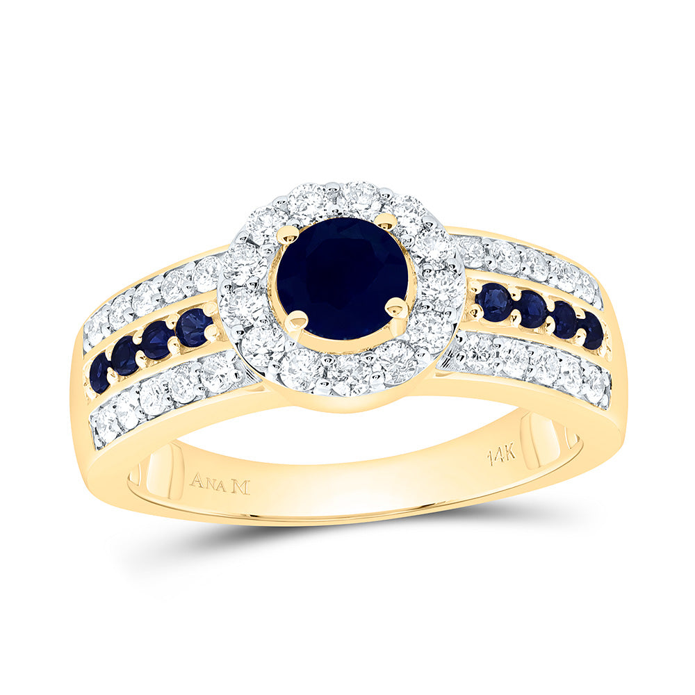 14K Yellow or White Or Rose Gold 1/2Cttw Natural Diamond 5/8Cttw Round Blue Sapphire,Nat Gem Round Ring