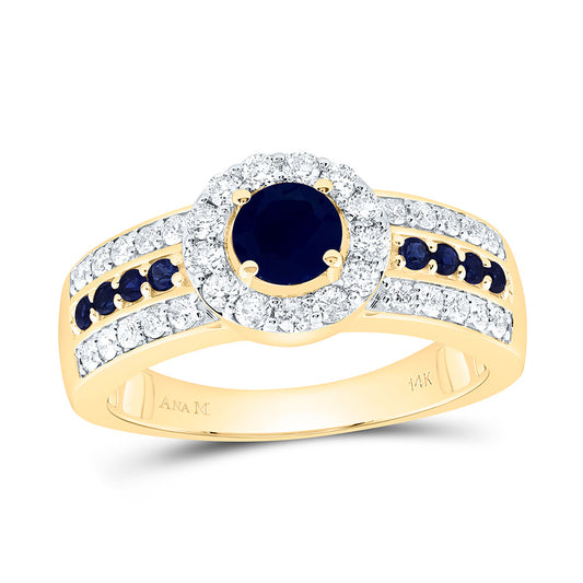 14K Yellow or White Or Rose Gold 1/2Cttw Natural Diamond 5/8Cttw Round Blue Sapphire,Nat Gem Round Ring