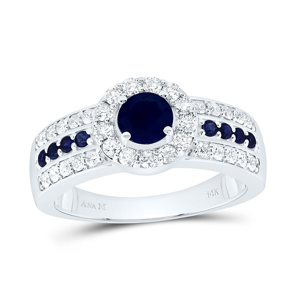 14K Yellow or White Or Rose Gold 1/2Cttw Natural Diamond 5/8Cttw Round Blue Sapphire,Nat Gem Round Ring