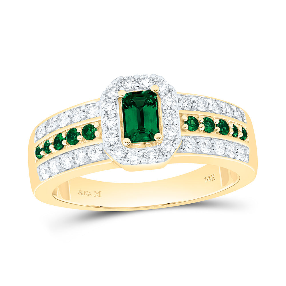 14K Yellow Or White Gold 3/8Cttw Natural Diamond 1/8Cttw Round & 5X3Mm Emerald Gem Ring