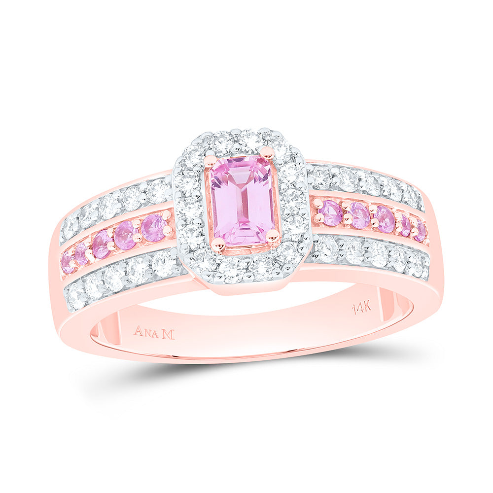 14K Rose Gold 3/8Ctw Natural Diamond Ana M 1/8Ctw Round Pink Sapphire, 5X3Mm Emerald Pink Sapphire Natural Gem Emerald Ring