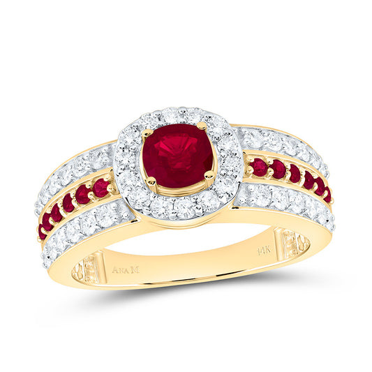 14K Yellow Gold 5/8Ctw Natural Diamond Ana M 1/5Ctw Round Ruby, 4.90Mm Cushion Ruby Natural Gem Cushion Ring