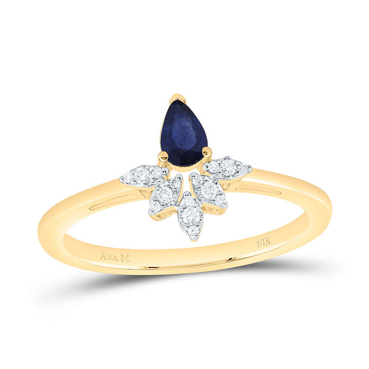 14K Yellow Gold 1/20 Cttw Natural Diamond Ana M 5X3Mm Pear Shape Blue Sapphire Natural Gem Bridal Anniversary Wedding Engagement Band Ring