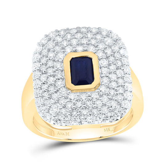 14K Yellow Gold 1 1/3Cttw Natural Diamond Ana M 6X4Mm Emerald shape Blue Sapphire Natural Gem Ring