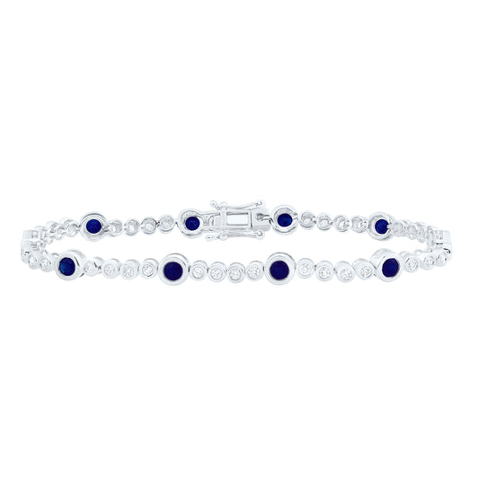 14K White Gold 1 1/5Cttw Natural Diamond 2 Cttw Round Blue Sapphire Bracelet (7 Inch)