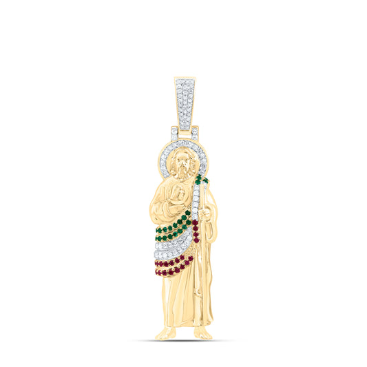 10K Yellow Gold 1/4Cttw Natural Diamond 1/8Cttw Round Ruby, 1/8Cttw Natural Round Emerald St Jude Pendant