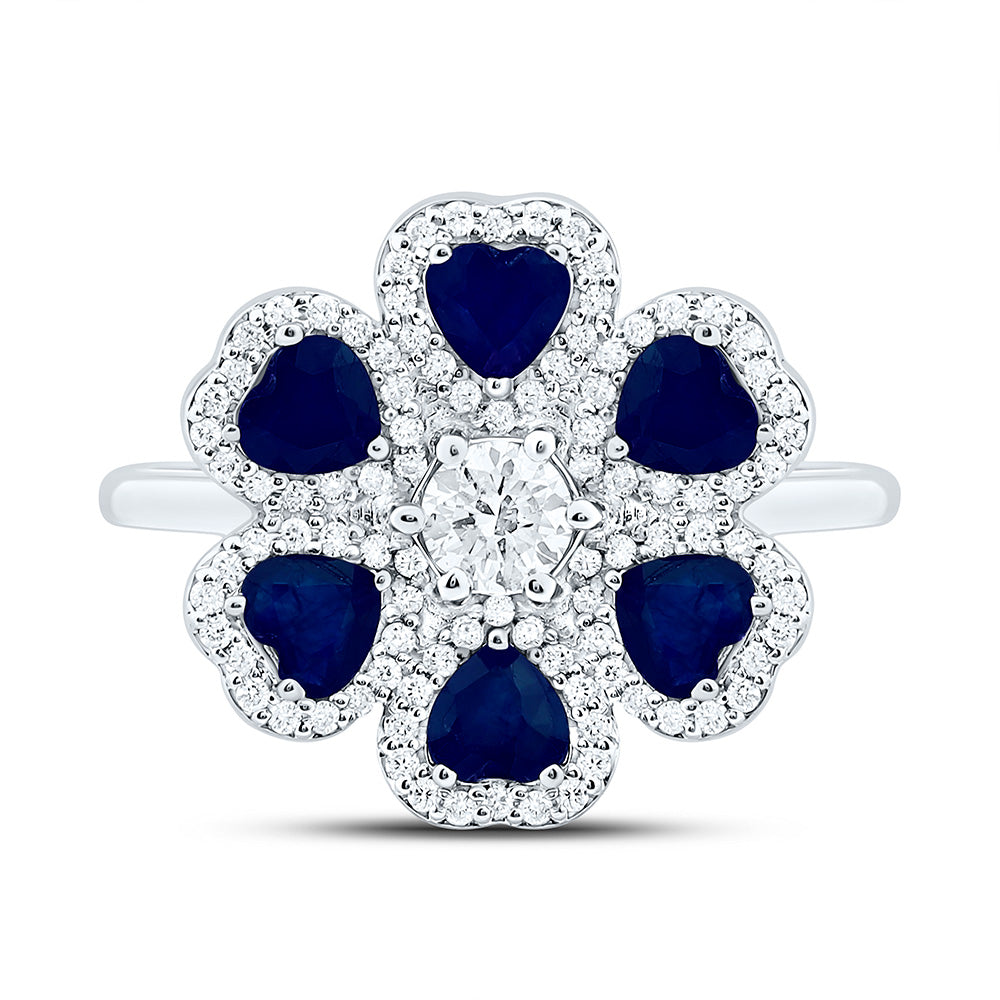 14K White Gold 1/2Ctw Natural Diamond Ana M 1/4Ctw Center Round,1 1/5Ctw Blue Sapphire Natural Gem Heart Flower Ring