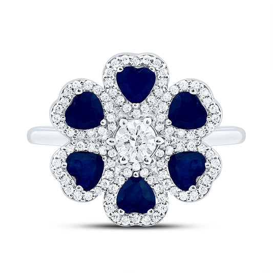 14K White Gold 1/2Ctw Natural Diamond Ana M 1/4Ctw Center Round,1 1/5Ctw Blue Sapphire Natural Gem Heart Flower Ring