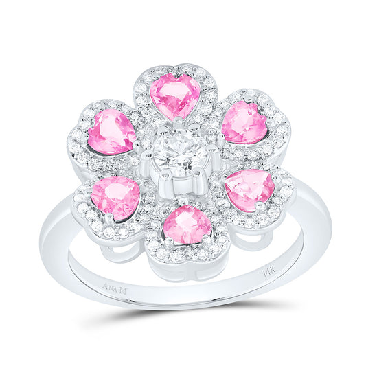 14K White Gold 1/2Cttw Natural Diamond 1/4Cttw Center Round, 1 1/5Cttw Heart Pink Sapphire Heart Flower Ring