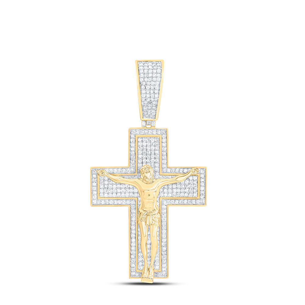 10K Yellow Gold 1 1/2 Cttw Natural Diamond Jesus Cross Mens Charm