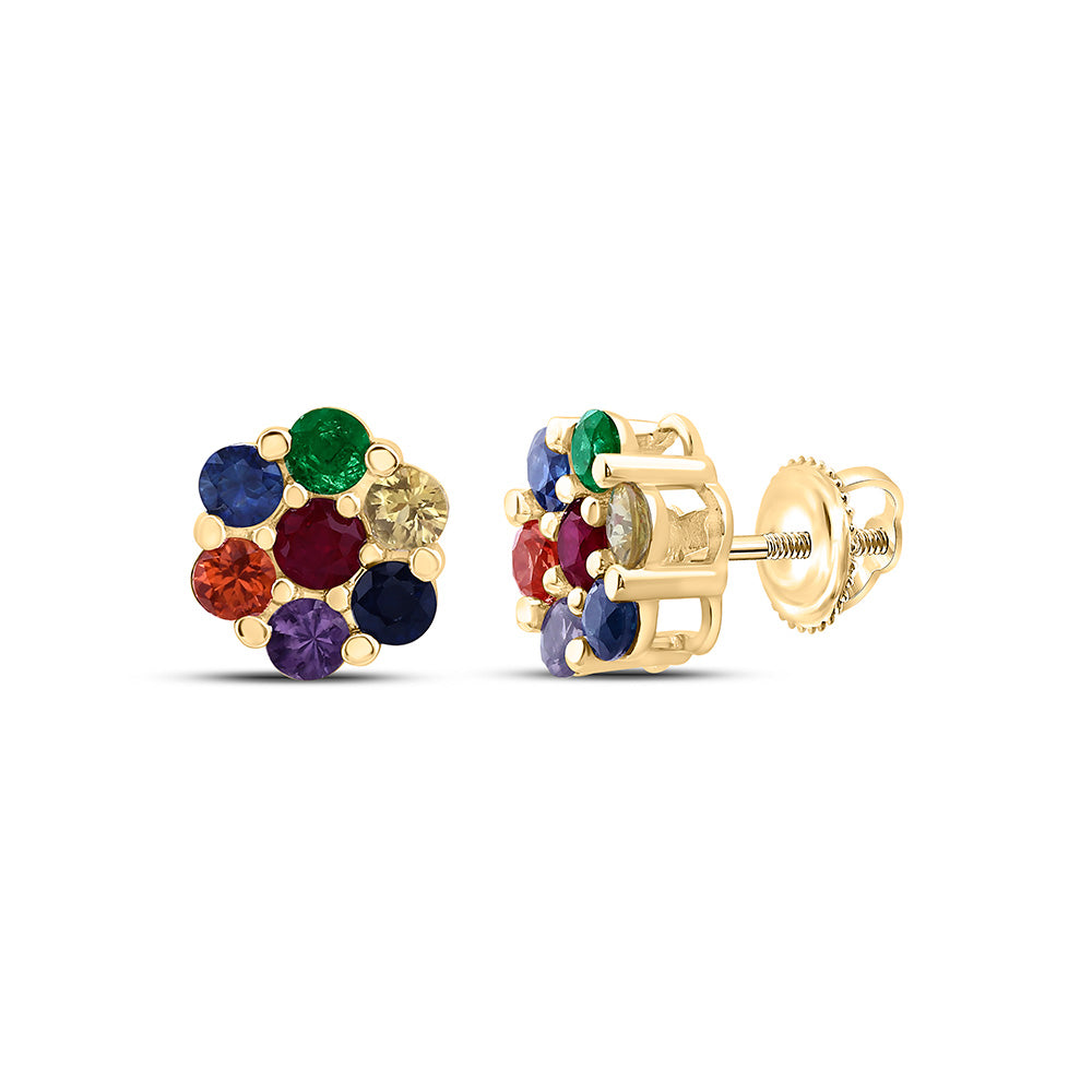 10K Yellow Gold 1/4Ctw Round Natural Gem Multi Clr Sapphire Flower Earring