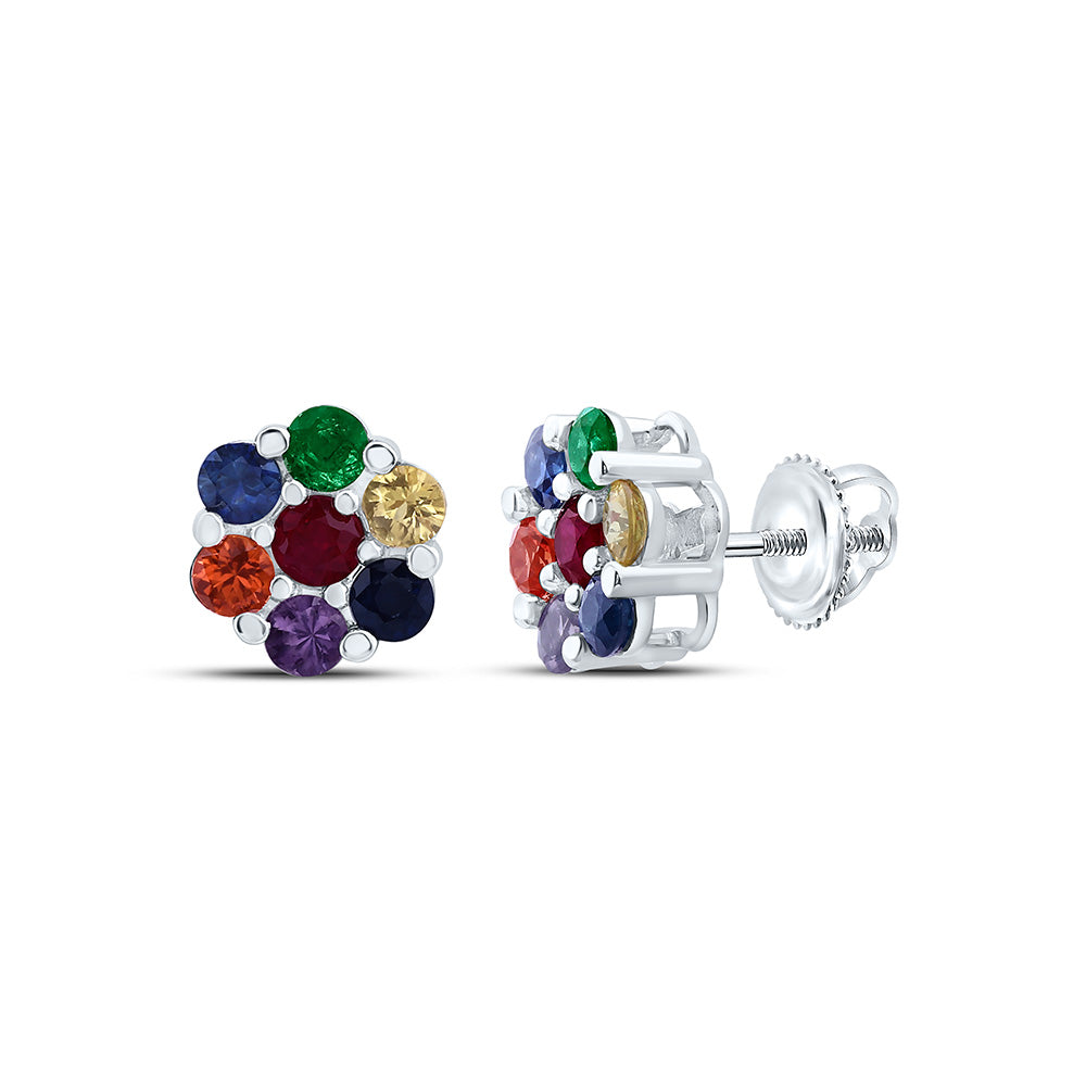 10K White Gold 1/4Cttw  Round Natural Gem Multicolor Sapphire Flower Earring