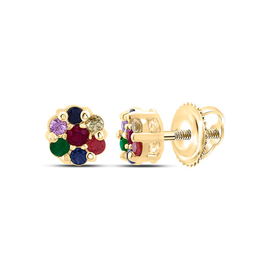 10K Yellow Gold 1/3Ctw Round Natural Gem Multi Clr Sapphire Flower Earring