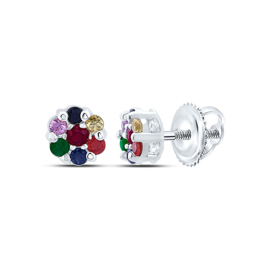 10K White Gold 1/3Cttw  Round Natural Gem Multicolor Sapphire Flower Earring