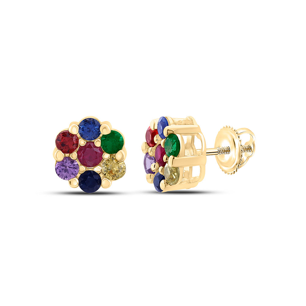 10K Yellow Or White Gold 1 1/2Cttw  Round Natural Gem Multicolor Sapphire Flower Earring
