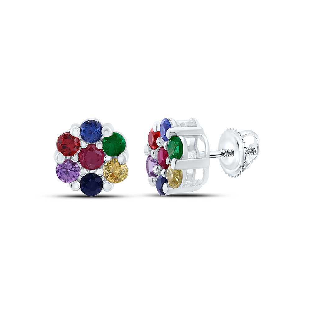 14K Yellow Or White Gold  1 1/2Cttw  Round Natural Gem Multicolor Sapphire Flower Earring