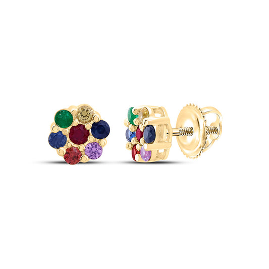 10K Yellow Or White Gold 5/8Cttw  Round Natural Gem Multicolor Sapphire Flower Earring