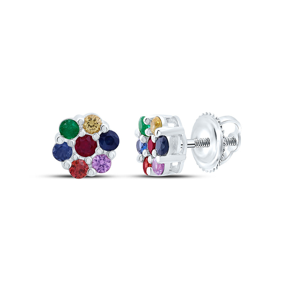 14K Yellow Or White Gold 5/8Cttw  Round Natural Gem Multicolor Sapphire Flower Earring