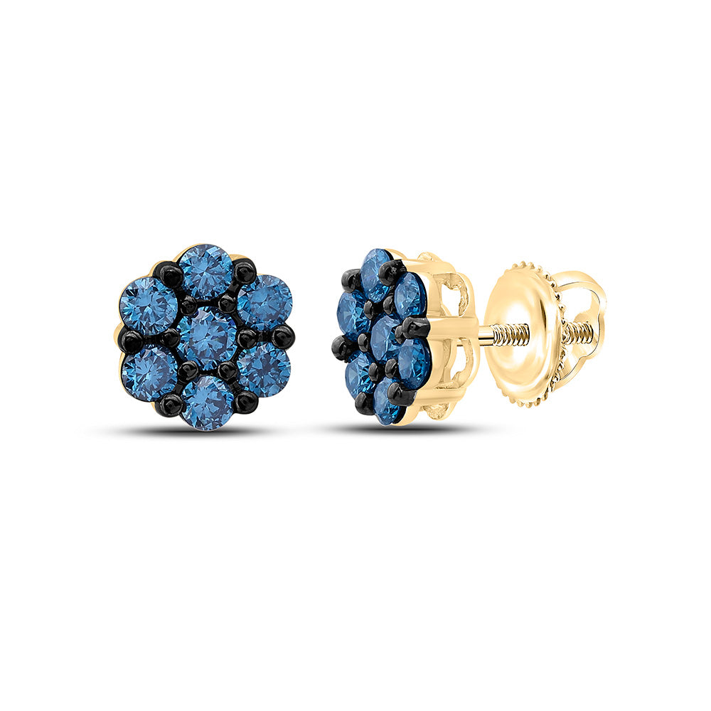 10K Yellow Gold 1/2Cttw Natural Diamond Fashion Blue Diamond Flower Earring