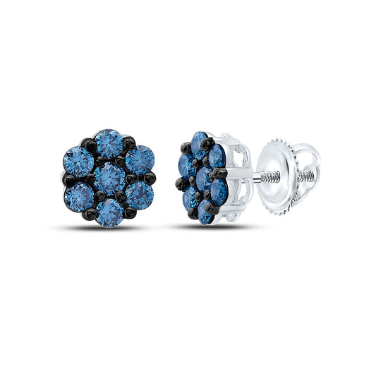 10K White Gold 1/2Cttw Natural Diamond Fashion Blue Diamond Flower Earring