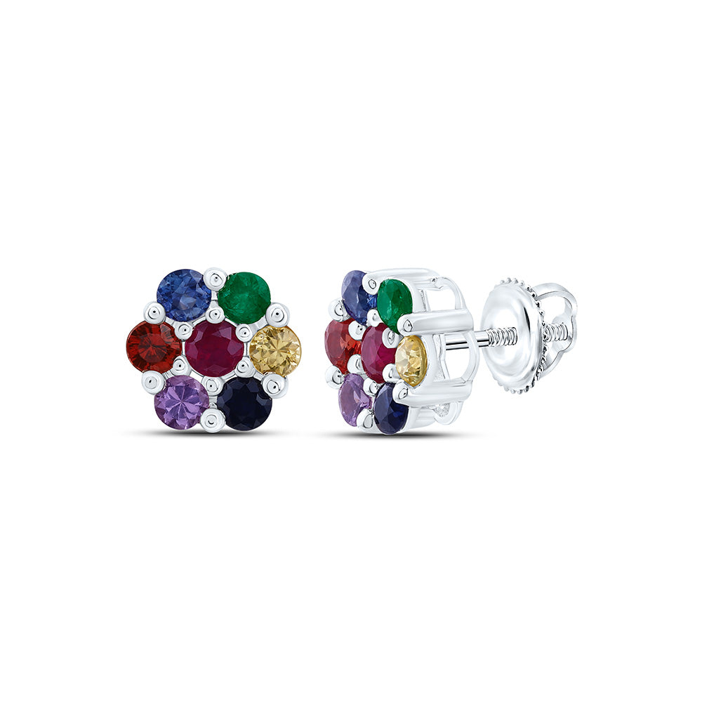 10K Yellow Or White Gold 3/4Cttw  Round Natural Gem Multicolor Sapphire Flower Earring