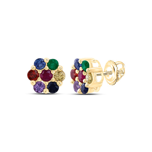 14K Yellow Or White Gold 3/4Cttw  Round Natural Gem Multicolor Sapphire Flower Earring