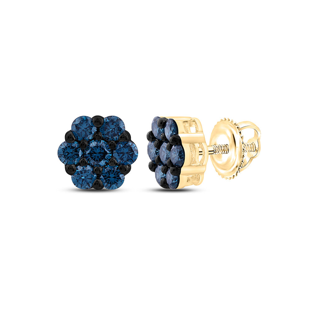 10K Yellow Or White Gold 3/4Cttw Natural Diamond Fashion Blue Diamond Flower Earring