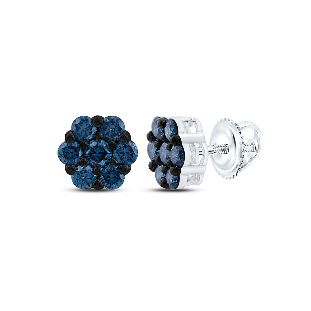 10K Yellow Or White Gold 3/4Cttw Natural Diamond Fashion Blue Diamond Flower Earring