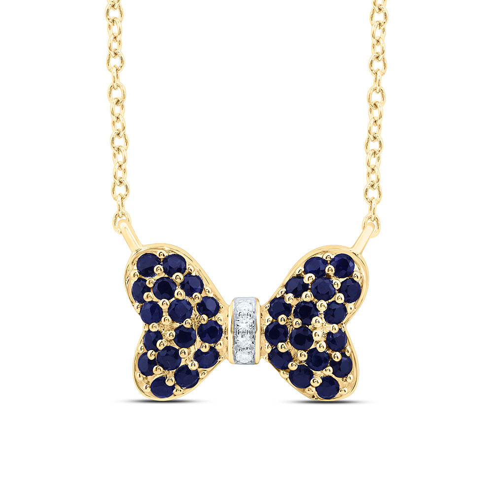 14K Yellow Or White Gold 0.02Cttw Natural Diamond Cn 5/8Cttw Round Blue Sapphire Bow Necklace (18 Inch)
