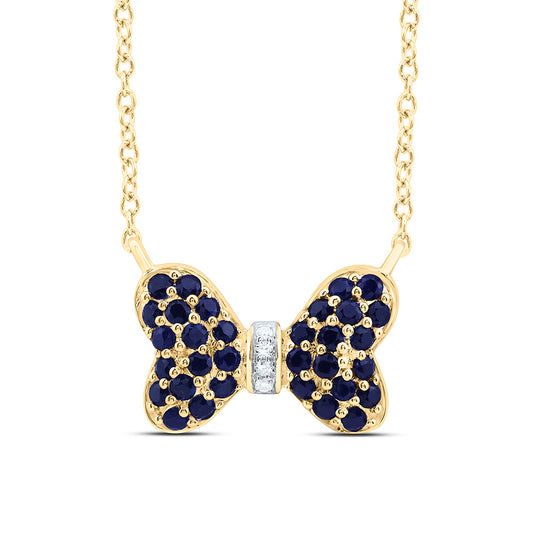 14K Yellow Or White Gold 0.02Cttw Natural Diamond Cn 5/8Cttw Round Blue Sapphire Bow Necklace (18 Inch)