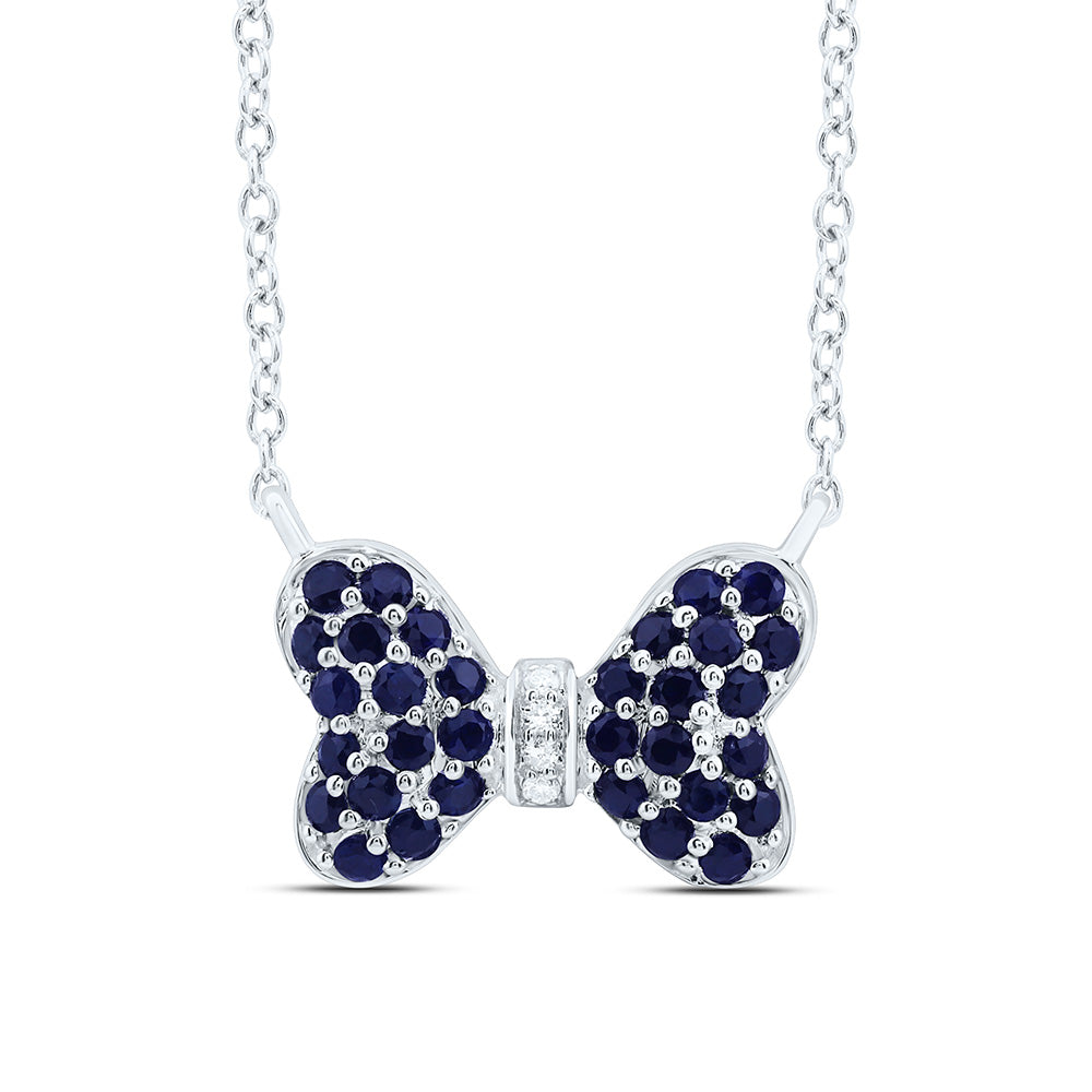 14K Yellow Or White Gold 0.02Cttw Natural Diamond Cn 5/8Cttw Round Blue Sapphire Bow Necklace (18 Inch)