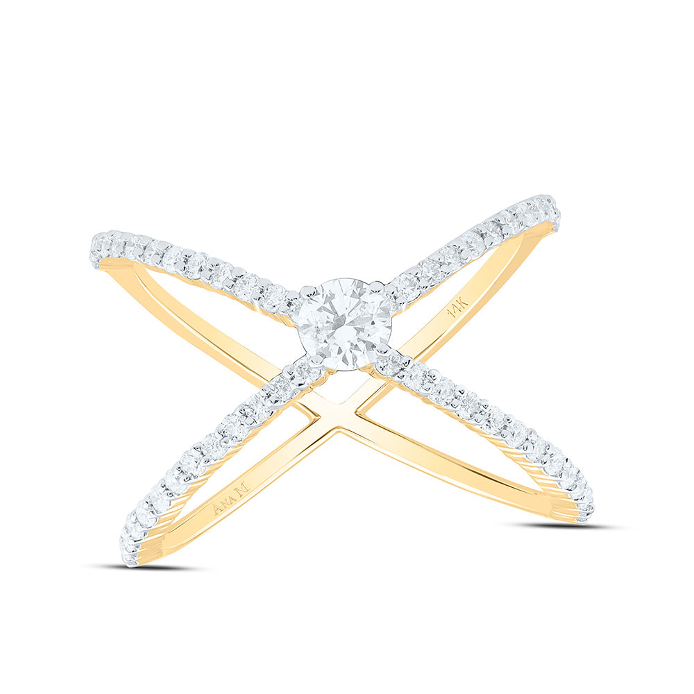 14K Yellow Or White Gold 5/8Cttw Natural Diamond 1/4Cttw Center Round Fashion Criss Cross  Ring