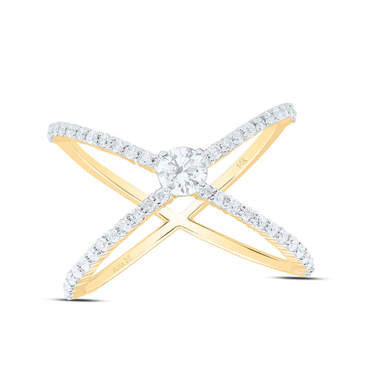 14K Yellow Or White Gold 5/8Cttw Natural Diamond 1/4Cttw Center Round Fashion Criss Cross  Ring