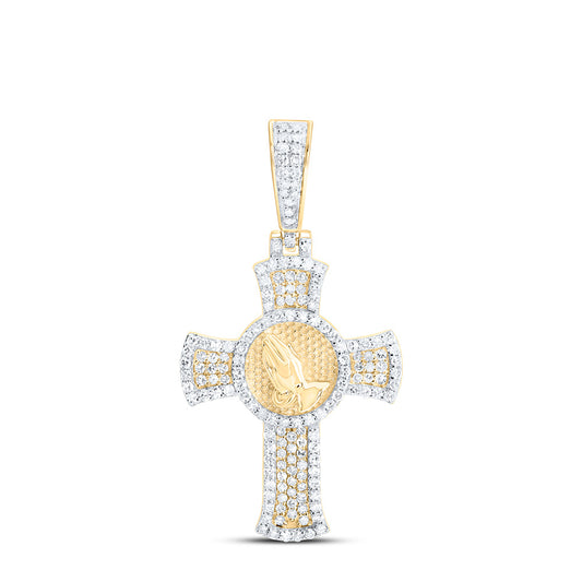 10K Yellow Gold 5/8Cttw  Natural Diamond Praying Hand Cross Mens Charm