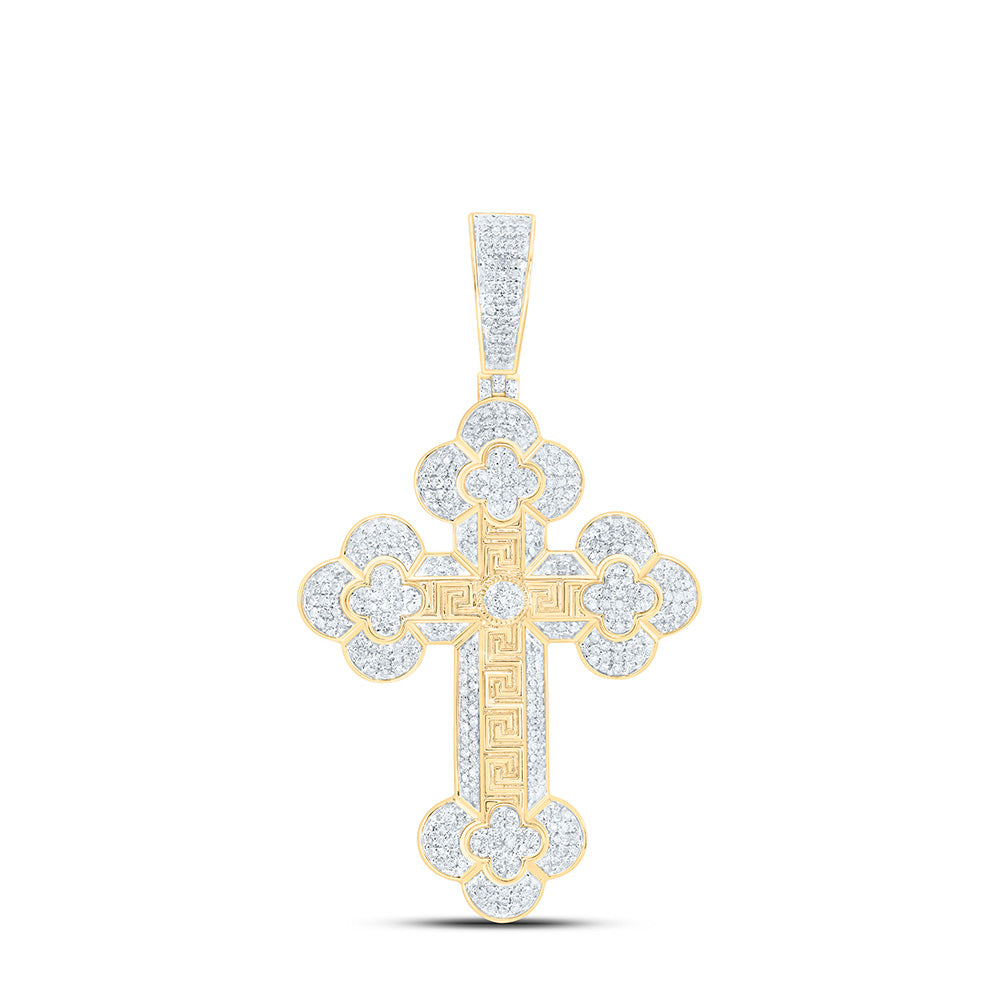 10K Yellow Gold 1 1/2Cttw Natural Diamond Clover Cross Mens Charm