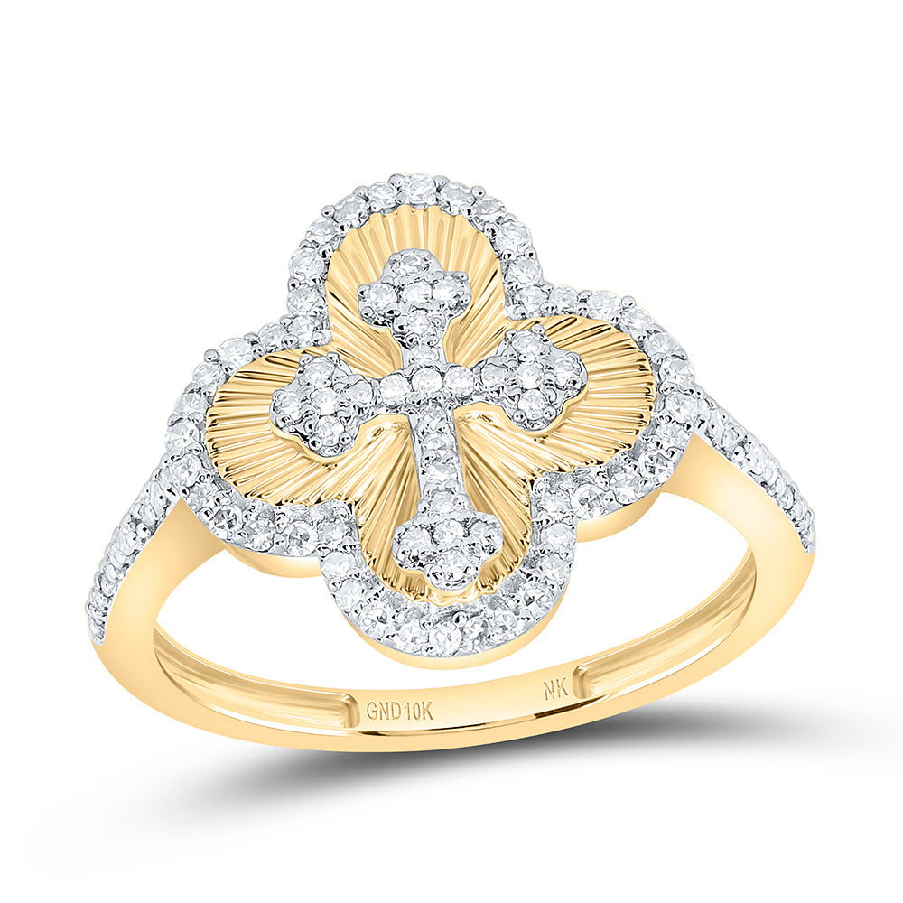 10K Yellow Gold 1/3 Cttw Natural Diamond Fashion Clover Cross Ring
