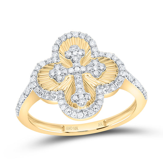 10K Yellow Gold 1/3 Cttw Natural Diamond Fashion Clover Cross Ring
