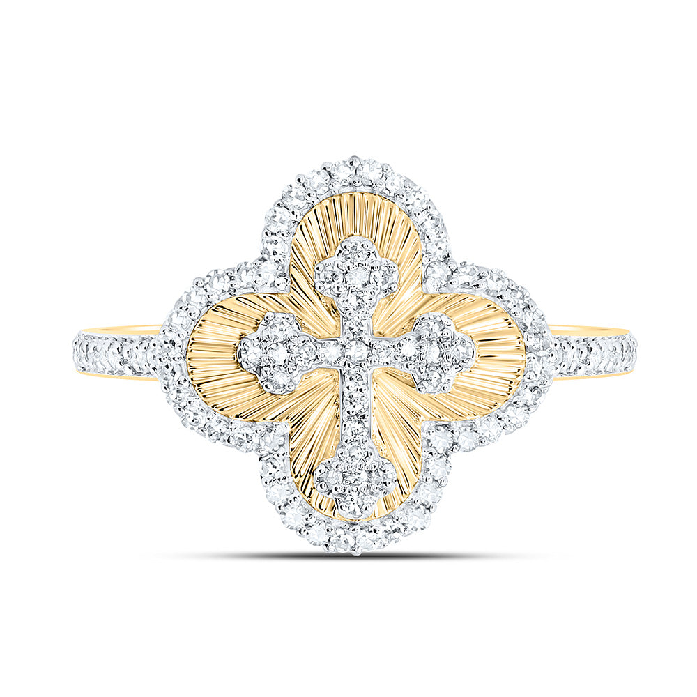 10K Yellow Gold 1/3 Cttw Natural Diamond Fashion Clover Cross Ring