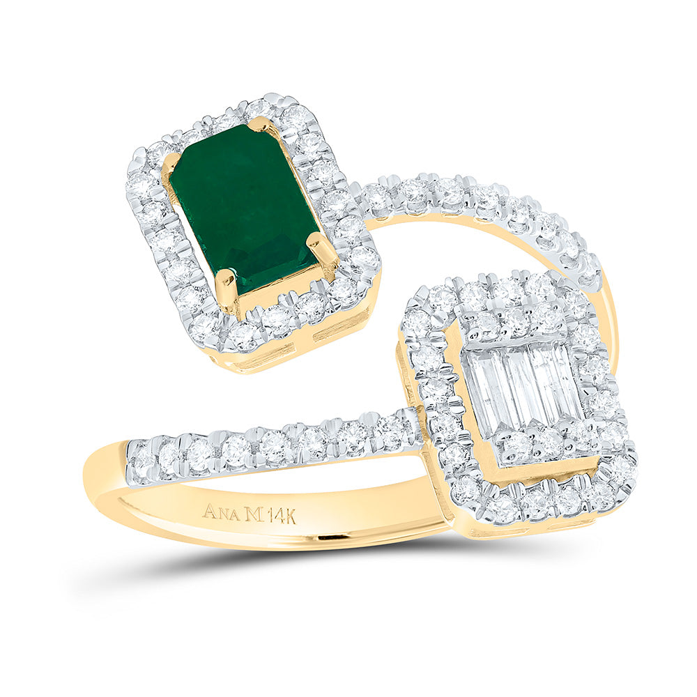 14K Yellow Gold 1/2Cttw Natural Diamond 6X4Mm Emerald Gem Ring