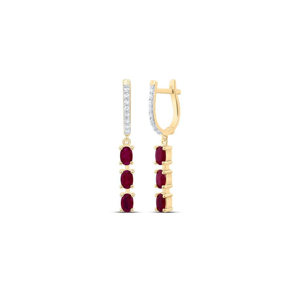 14K Yellow Gold 1/5Ctw Natural Diamond Ana M 1 1/2Ctw Oval Ruby Natural Gem Dangling Earring