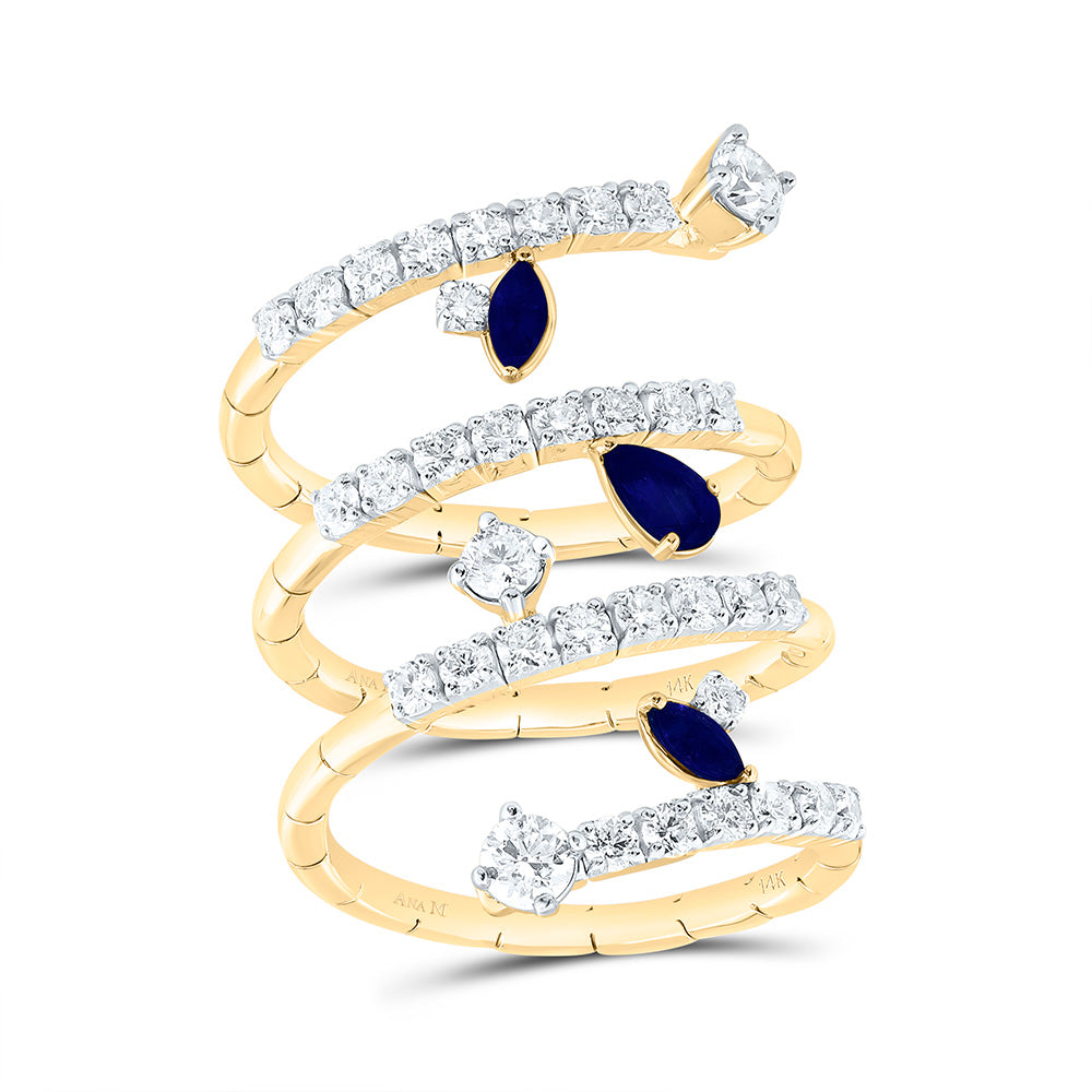 14K Yellow Gold 1 3/8Ctw Natural Diamond Ana M 5X3Mm Pear Blue Sapphire, 1/4Ctw Marquise Blue Sapphire Natural Gem Ring